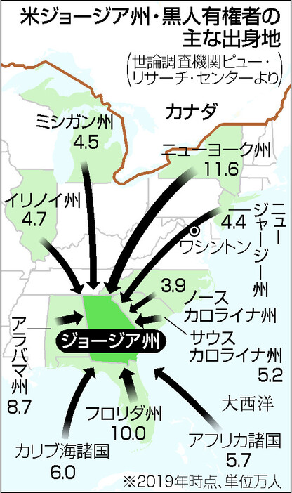 米ジョージア州・黒人有権者の主な出身地