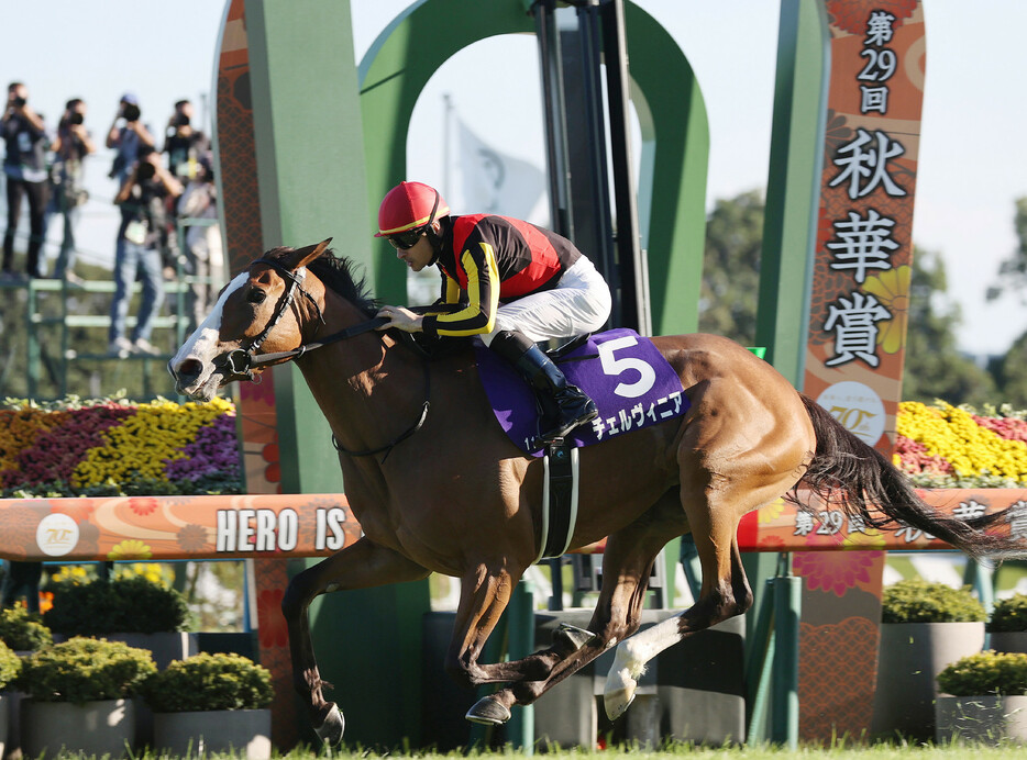 中央競馬の３歳牝馬３冠レース最終戦、第２９回秋華賞は１３日、京都競馬場の芝２０００メートルコースに１５頭が出走して行われ、クリストフ・ルメール騎乗で単勝１番人気のチェルヴィニアが１分５７秒１で優勝した