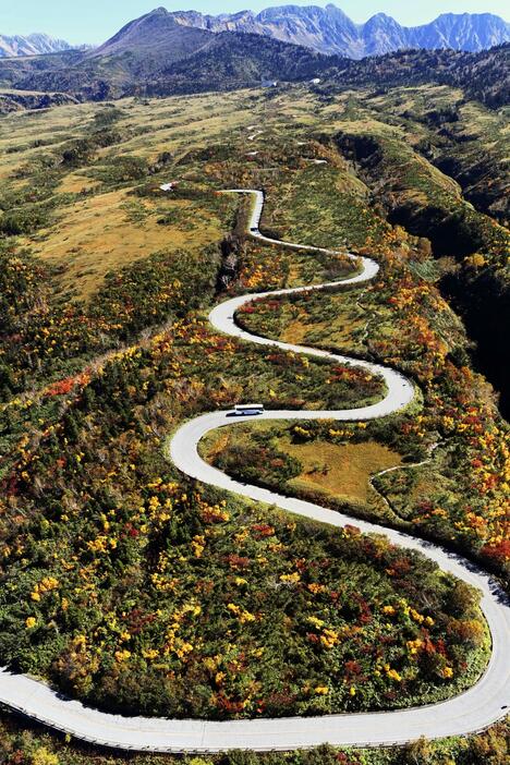 紅葉が見頃を迎えている、富山県と長野県を結ぶ観光路「立山黒部アルペンルート」＝17日午前（共同通信社ヘリから）