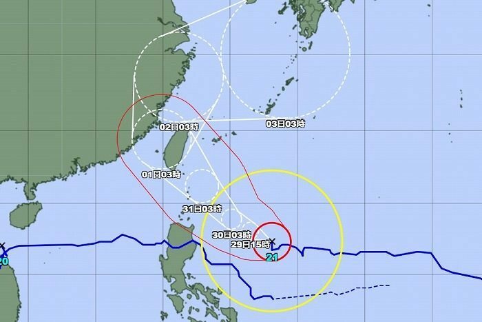 台風21号の29日午前3時現在の予想進路図（気象庁HPより）