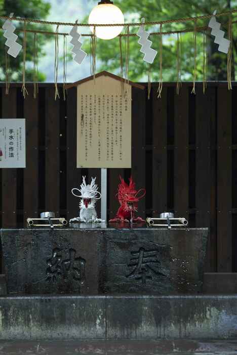 手水舎には赤白龍の伝説をもつ社を象徴するオブジェが　 PHOTOGRAPH BY YUKO CHIBA