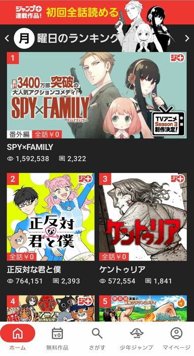 『SPY×FAMILY』を隔週連載するマンガ誌アプリ『少年ジャンプ＋』のスマートフォン用トップ画面