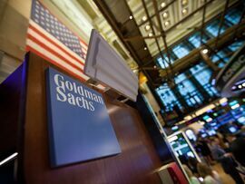 Goldman Sachs signage on the floor of the New York Stock Exchange.