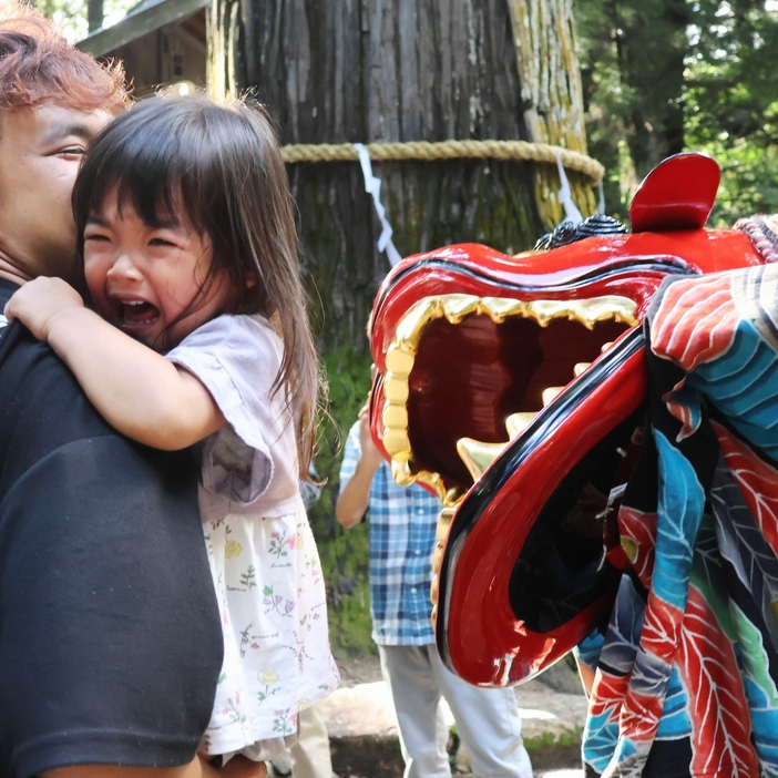 「大山田神社獅子舞」で近づく獅子におびえて泣く子ども