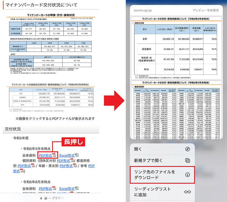 PDFファイルをダウンロードする手順（画像は総務省公式サイトより引用）