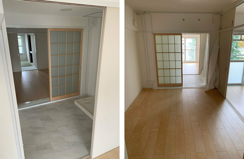 写真左：増築棟との連結をした部屋。もとからある建物のベランダ部分を洗濯機置き場に改装。写真右：連結部屋の向こう側に臨む、増築部屋（画像提供／照井啓太さん）