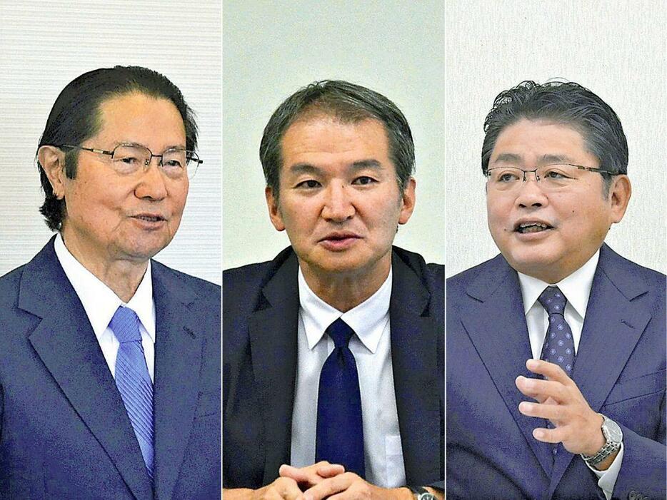 （右から届け出順に）吉川元候補、広瀬建候補、衛藤征士郎候補