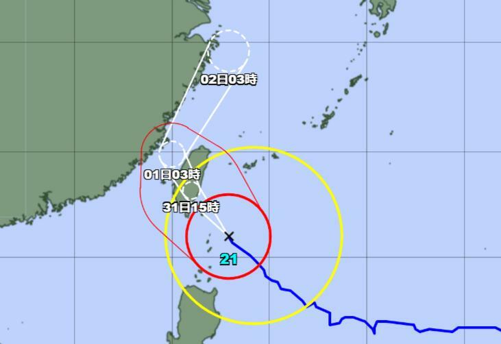 31日午前3時現在の台風21号の予想進路図（気象庁HPより）