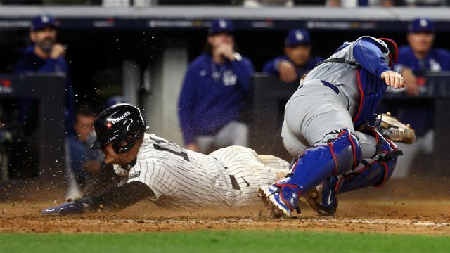 全力プレーで追加点をもぎ取るヤンキースのアンソニー・ボルペ選手(写真：USA TODAY Sports/ロイター/アフロ)