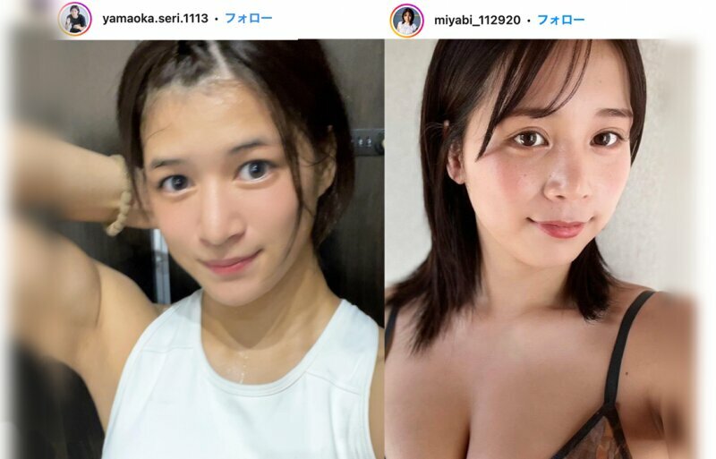 JKプロレスラーの山岡聖怜（左）の姉はミスヤングマガジン！（右）。美人姉妹が話題に（写真は2人のインスタより）