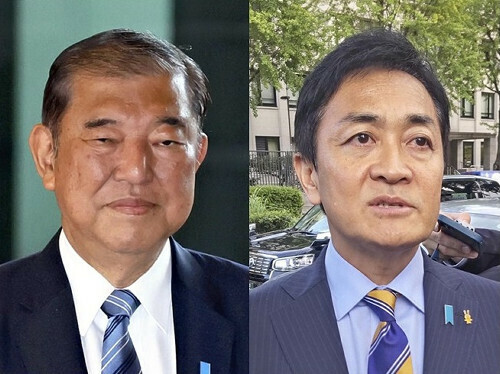 （左から）首相官邸に入る石破首相、記者団の取材に応じる国民民主党の玉木代表（都内で）＝いずれも３０日