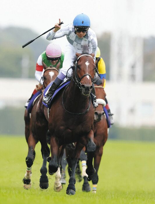 第170回天皇賞・秋を勝利したドウデュースの馬上でガッツポーズする武豊騎手