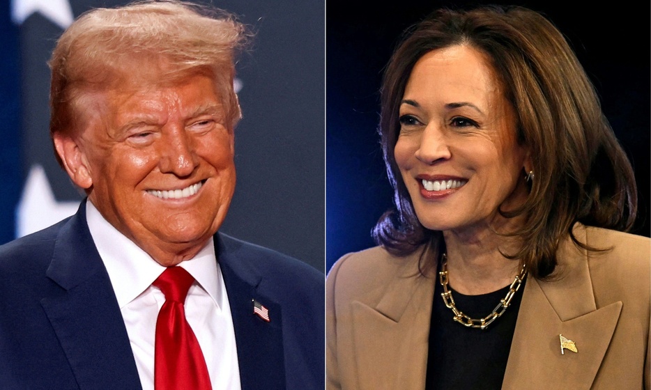 米大統領選の民主党候補のカマラ・ハリス副大統領（右）と共和党候補のドナルド・トランプ前大統領（2024年10月25日作成）。【翻訳編集】 AFPBB News