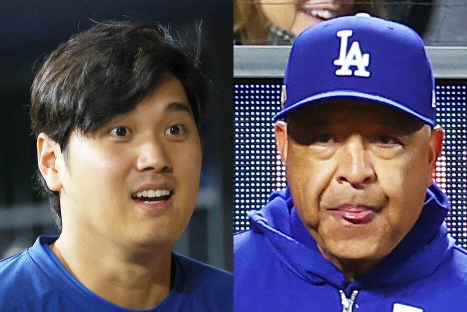 ドジャース・大谷翔平(左)とロバーツ監督