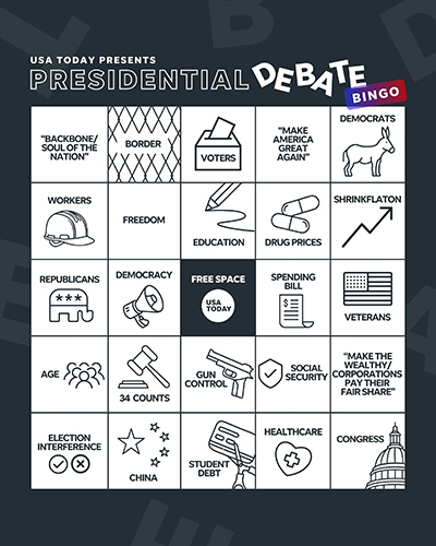 「プレジデンシャル・ディベート・ビンゴ」で使われるカードhttps://www.usatoday.com/story/news/politics/elections/2024/09/10/presidential-debate-bingo-card-trump-harris/75157848007/より