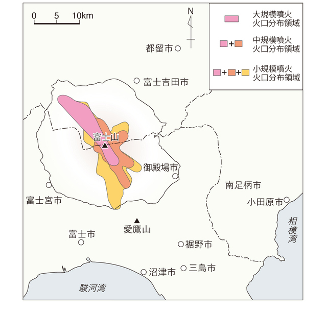ハザードマップの想定火口範囲。想定火口線の周囲1キロメートル以内と想定されている。起こりうる噴火の規模によって大規模・中規模・小規模の三つに区別されている