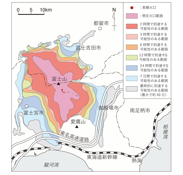 溶岩流の可能性マップ。大規模・中規模・小規模それぞれの溶岩流の、マップ上の到達時間を合成したもの。溶岩が時間の経過によってどこまで到達するかを示している