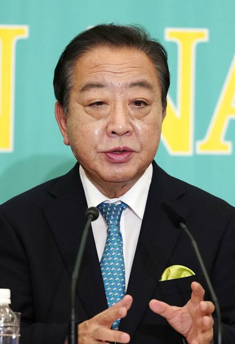 衆院選公示を控えた討論会で発言する立憲民主党の野田代表＝12日午後、東京・内幸町の日本記者クラブ