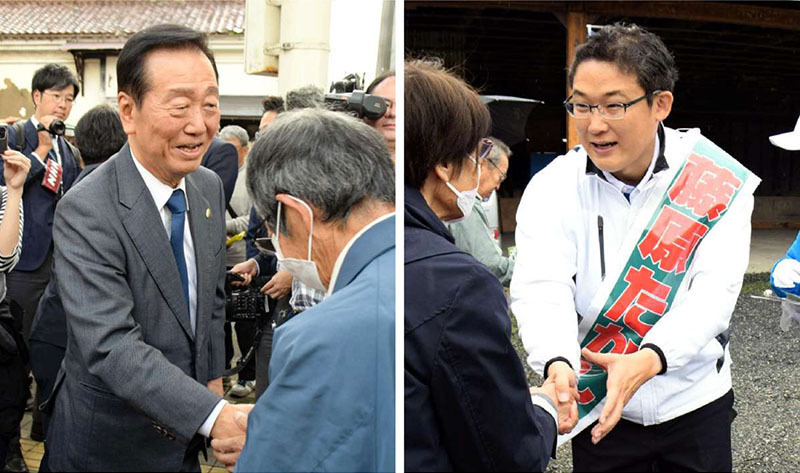 街頭演説に集まった支持者と握手する小沢候補＝奥州市水沢（左）、応援に駆け付けた支持者と握手する藤原候補＝一関市大東町