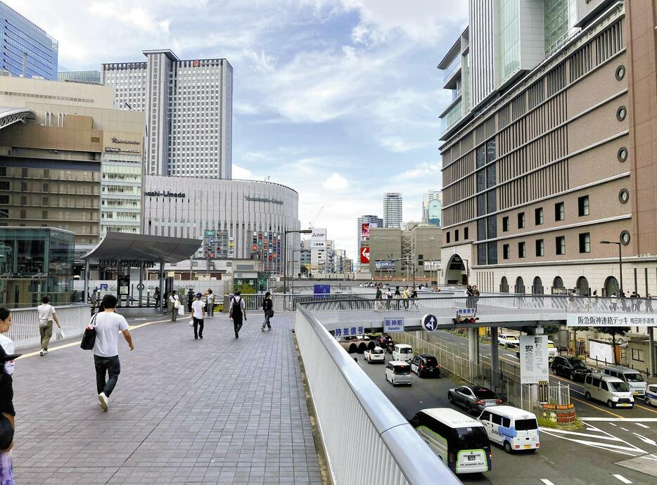 阪神百貨店側から見た現在の梅田新歩道橋。右側が阪急百貨店（大阪市北区で）