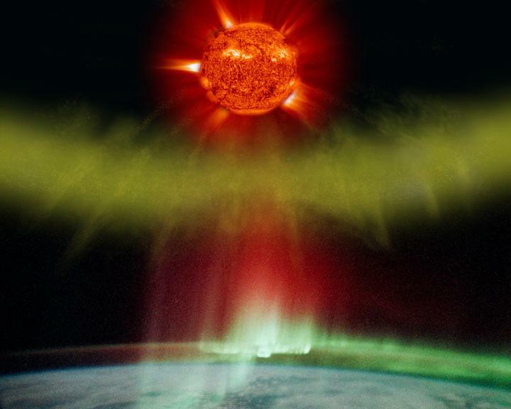 太陽から爆発した CME 粒子雲が地球に衝突し、オーロラを発生させる（イラストレーション） ©NASA/GSFC/SOHO/ESA