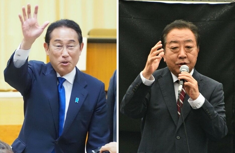 （左から）演説会に集まった人たちに手を振る岸田文雄前首相＝20日午後、磐田市。街頭演説で政権交代を訴える野田佳彦代表＝19日午後、浜松市中央区