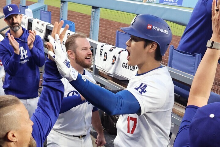 ２回の第２打席に同点３ラン本塁打を放った大谷。(C) Getty Images