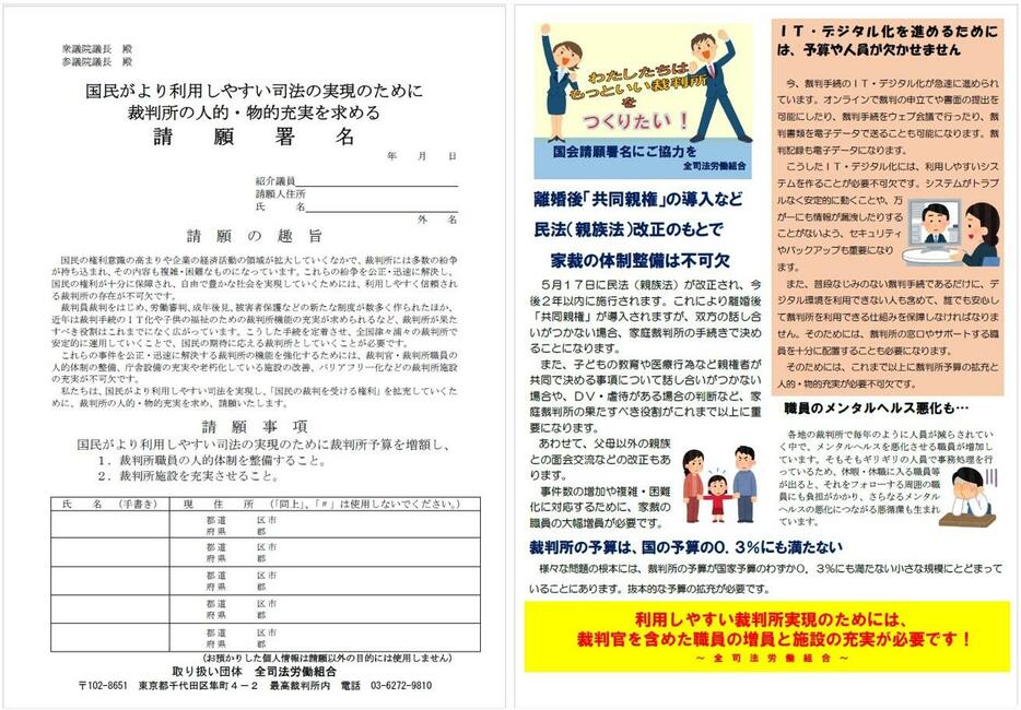 【図表2】「裁判所の人的物的充実を求める請願」の署名用紙（左：表面、右：裏面）