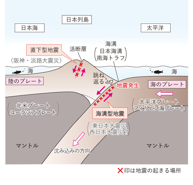 日本列島の地下構造と地震の発生場所(筆者作図)