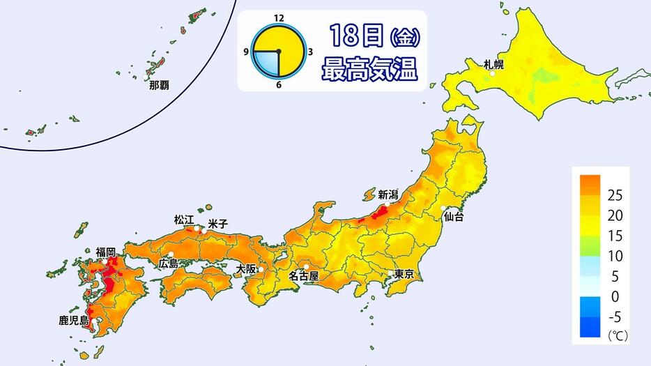 18日(金)の最高気温マップ