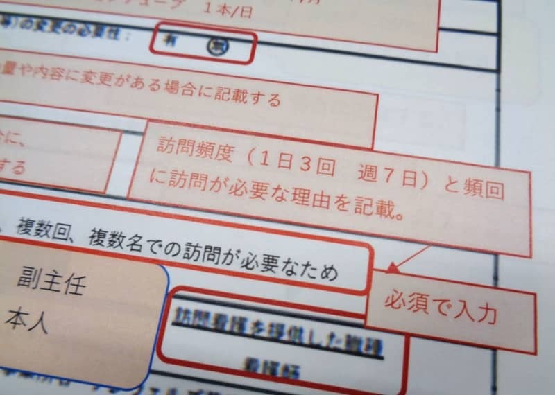 「１日３回」「複数名での訪問」を「必須で入力」と記したサンウェルズの社内マニュアル