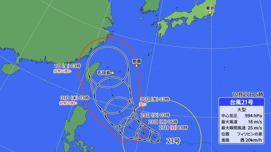 27日(日)午前6時の台風21号の位置と予想進路