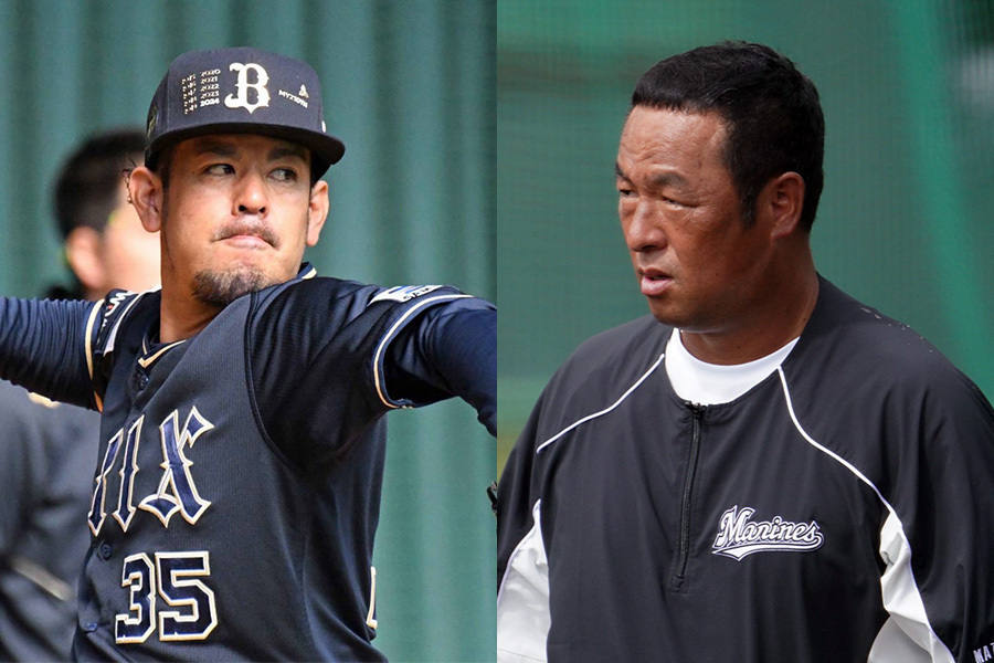 オリックス・比嘉幹貴（左）と松中信彦氏【写真：北野正樹、荒川祐史】