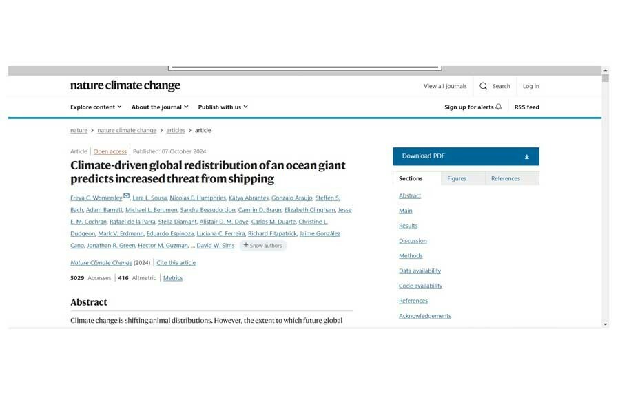 論文「Climate-driven global redistribution of an ocean giant predicts increased threat from shipping（気候変動による海洋巨大生物の世界的な再分布により、船舶からの脅威の増加が予測される）」（画像：Nature Climate Change）