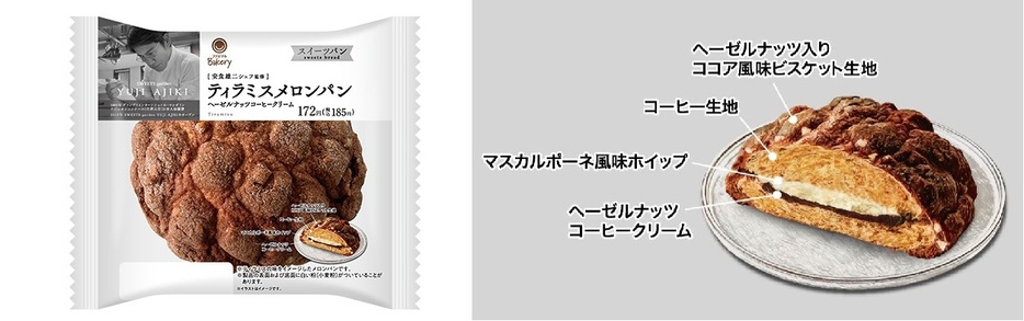 ファミリーマート 「ティラミスメロンパン ヘーゼルナッツコーヒークリーム」パッケージと中身イメージ