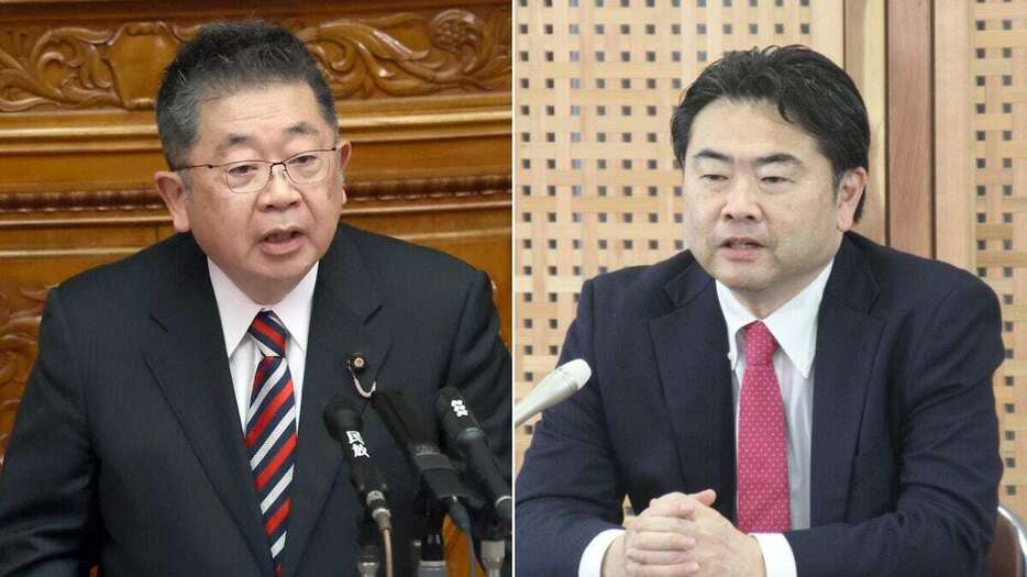 共産党の小池晃書記局長（左）とれいわ新選組の高井崇志幹事長