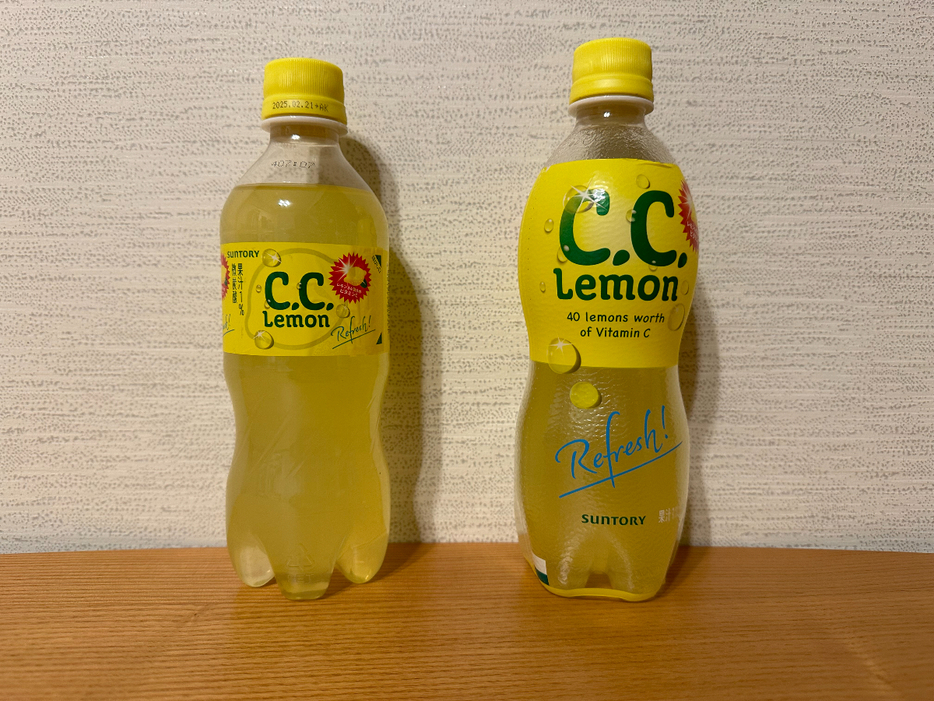 今年、30周年を迎えた「C.C.レモン」。左は自動販売機用の商品（430ミリリットル）