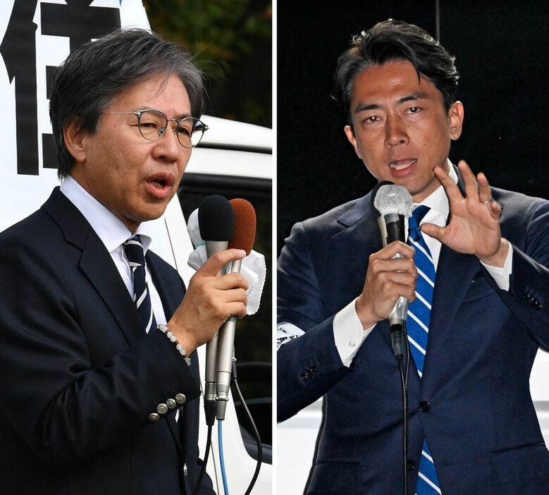 青森市で演説する小泉氏（写真右）と、弘前市で街頭に立つ安住氏。ともに党公認候補を押し上げようと熱弁を振るった＝22日