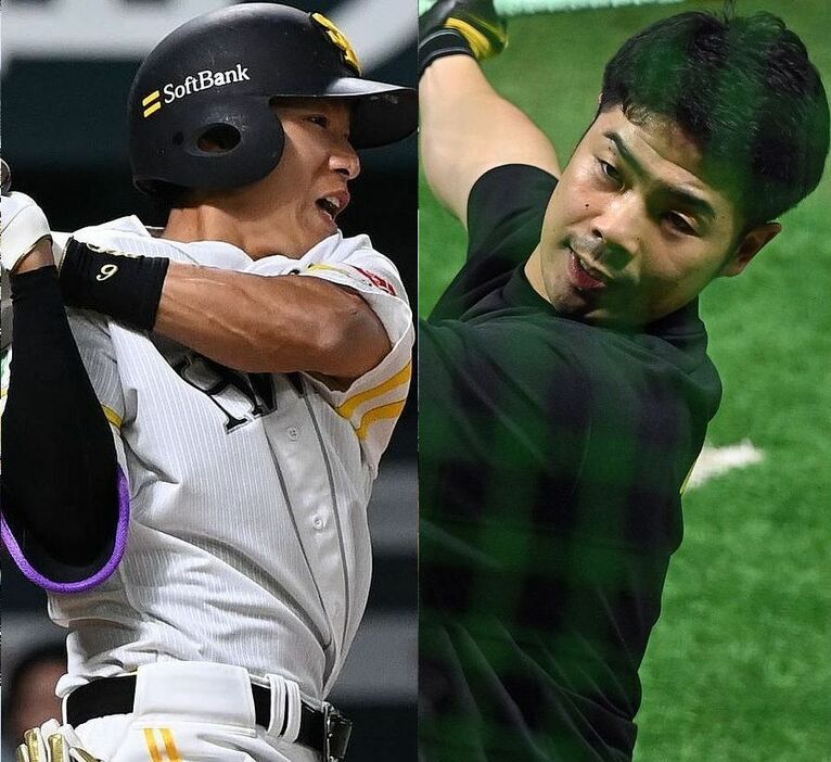 左はオリックス戦の1回無死一塁、右前打を放つ柳田（撮影・星野楽）。右は1軍の練習に合流し、バットを振り込む近藤（撮影・穴井友梨）