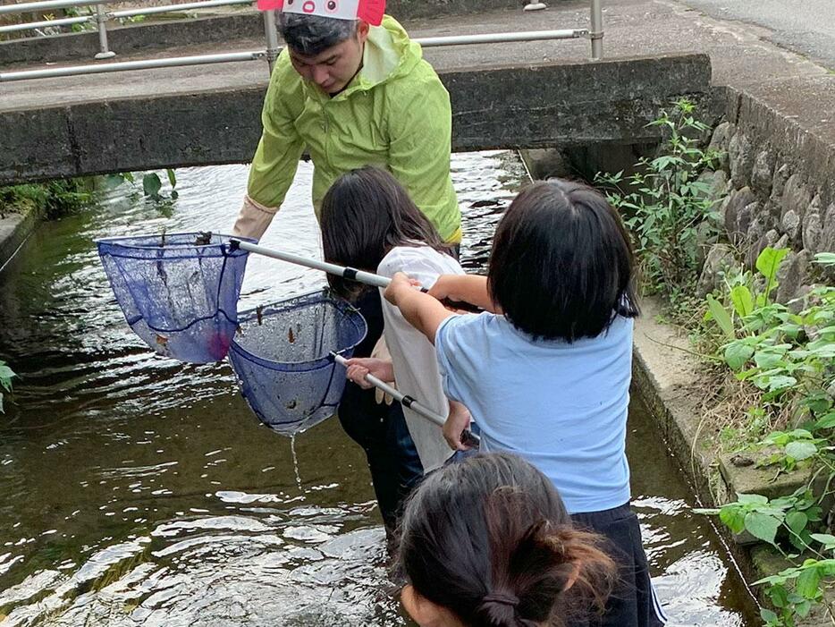 川の生き物調べをする子どもたち