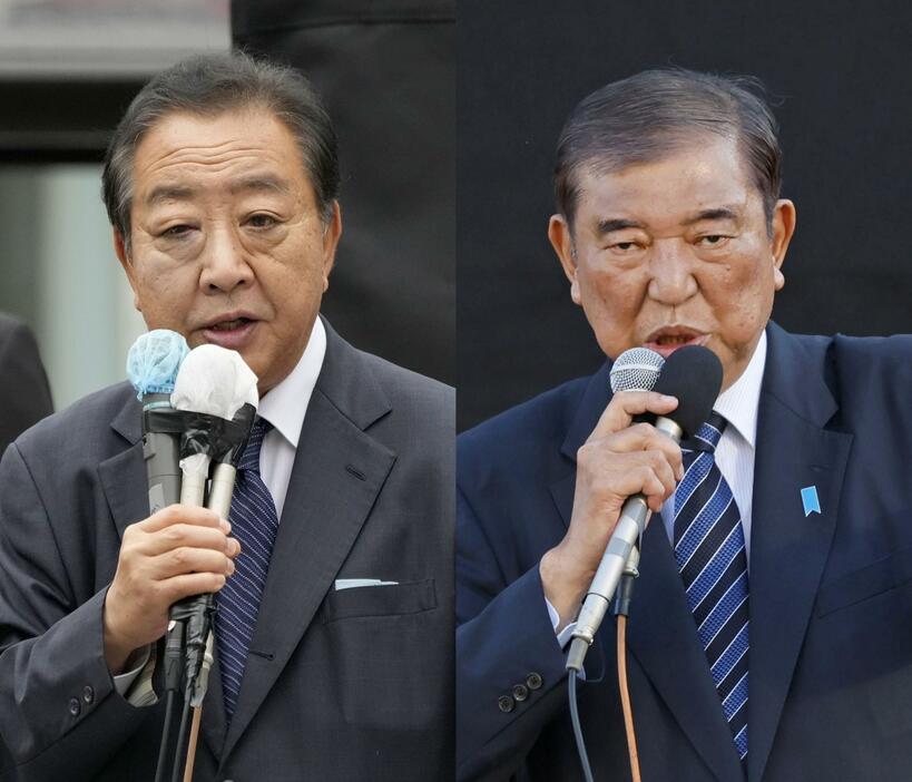 選挙戦が最終盤となり、街頭演説する自民党総裁の石破首相（右）と立憲民主党の野田代表＝25日