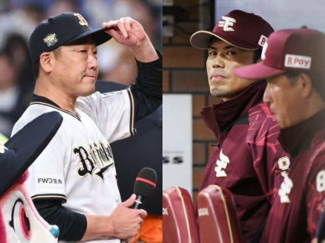 今季限りで退任した中嶋監督と今江監督 photograph by Nanae Suzuki／JIJI PRESS