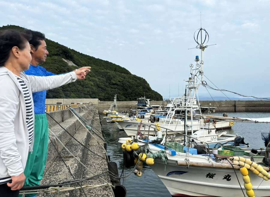 熊本県水俣市の方向を示し「通院するにも苦労する」と明かす夫妻＝２０日、長島町獅子島