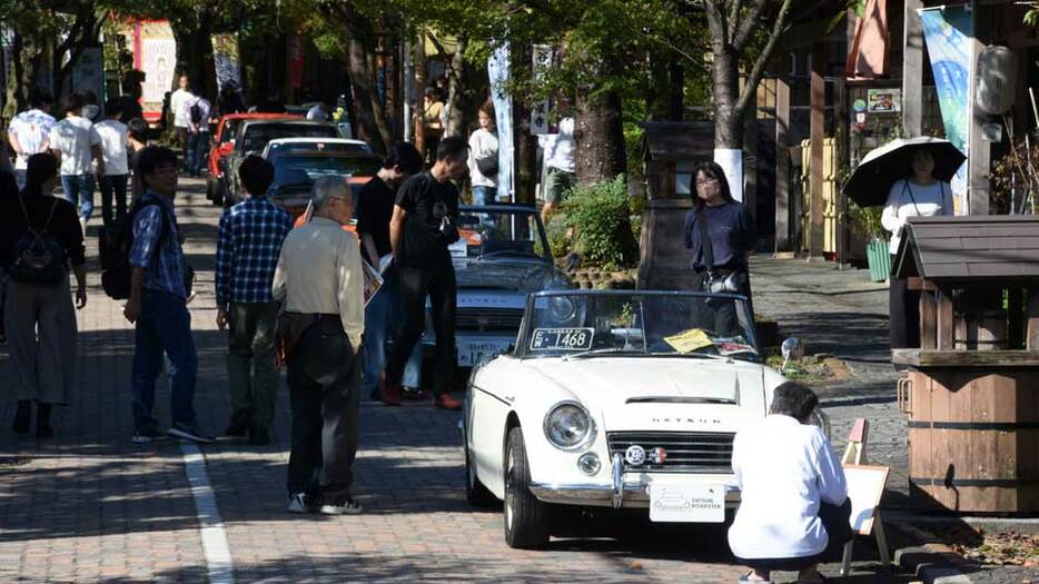 往年の名車が集まった会場＝揖斐川町谷汲徳積、谷汲山華厳寺参道