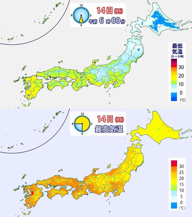 14日(月)最低気温・予想最高気温の分布