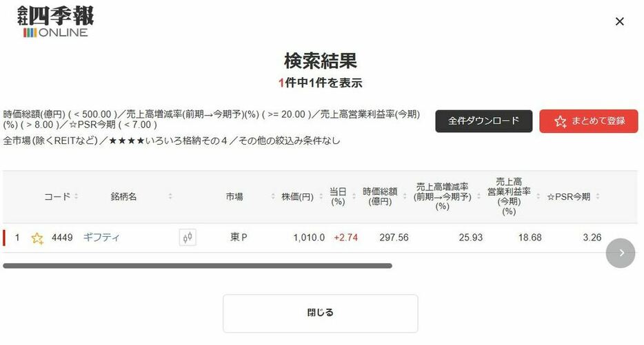 「会社四季報オンライン」で「時価総額300億円以下」などの条件でスクリーニングをする