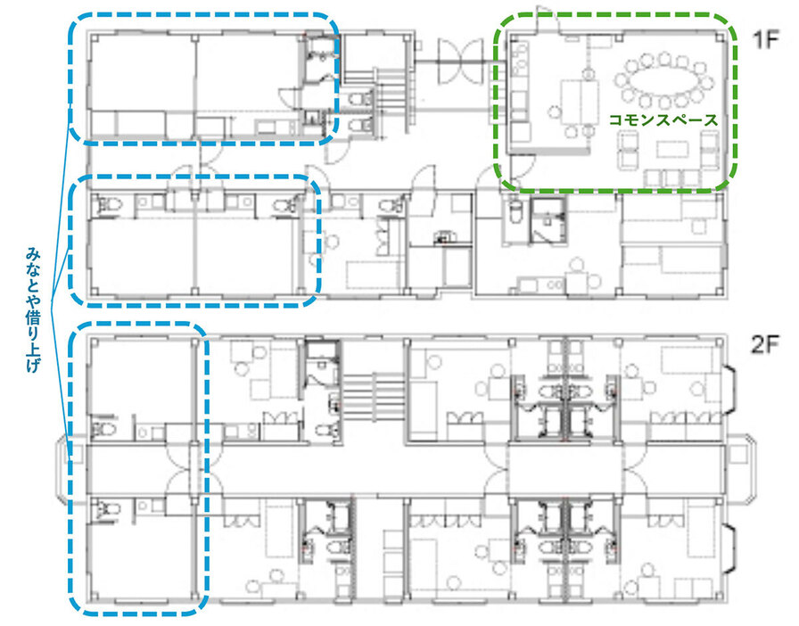 リノベーション後の間取り図。1Fにはコモンスペースとして広いキッチンとリビングダイニングや、24時間風呂がある。また、みなとやは利用者の居室以外に共同スペースも（画像提供／コレクティブハウジング社）