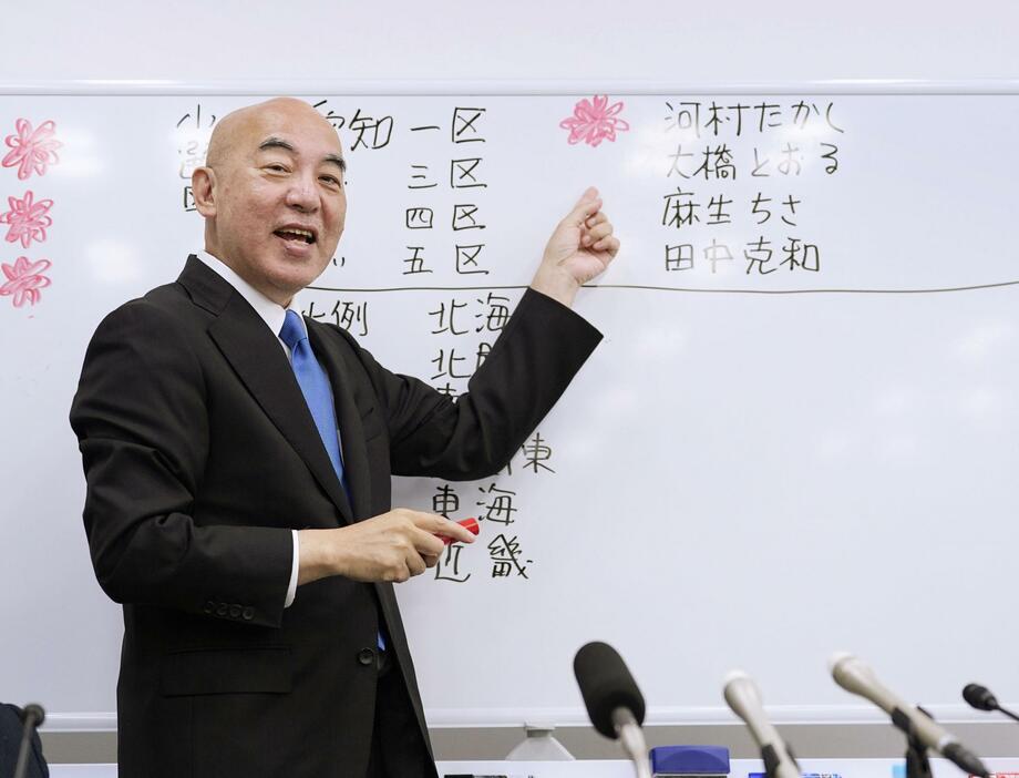 当確者の名前に花を書く日本保守党の百田代表＝27日午後8時10分、東京都中央区