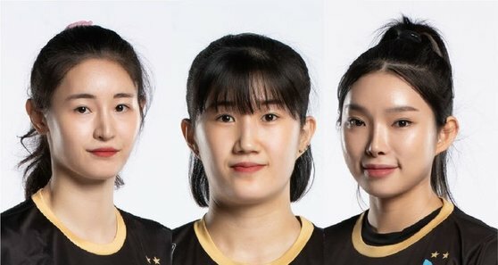 釜山（プサン）施設公団女子ハンドボールチーム所属の（左から）キム・ダヨン、シン・ジンミ、チョン・ガヒ選手。［写真　釜山施設公団］