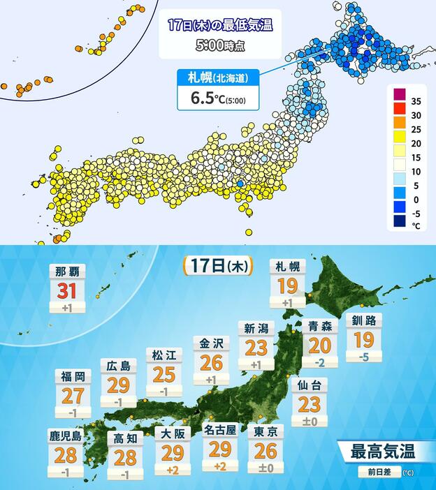 17日(木)午前5時時点の最低気温と予想最高気温